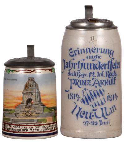 Two military steins, stoneware, .5L, transfer & hand-painted, Leipzig, Völkerschlachtdenkmal, pewter lid: Iron Cross 1813, mint; with, 1.0L, stencil transfer, Jahrhundertfeier 12. bayr. Inf. Regt., Neu Ulm 1814 - 1914, relief pewter lid, mint. 