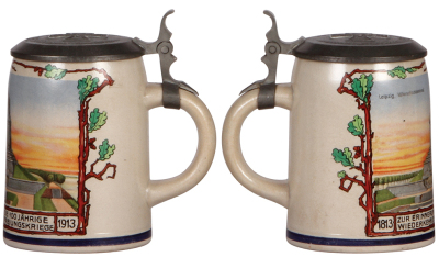 Two military steins, stoneware, .5L, transfer & hand-painted, Leipzig, Völkerschlachtdenkmal, pewter lid: Iron Cross 1813, mint; with, 1.0L, stencil transfer, Jahrhundertfeier 12. bayr. Inf. Regt., Neu Ulm 1814 - 1914, relief pewter lid, mint.  - 2