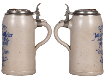 Two military steins, stoneware, .5L, transfer & hand-painted, Leipzig, Völkerschlachtdenkmal, pewter lid: Iron Cross 1813, mint; with, 1.0L, stencil transfer, Jahrhundertfeier 12. bayr. Inf. Regt., Neu Ulm 1814 - 1914, relief pewter lid, mint.  - 4