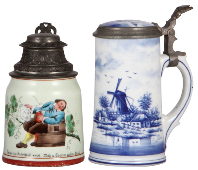 Two porcelain steins, .5L, transfer & hand-painted, pewter lid, lithophane, mint; with, .5L, hand-painted, marked Delft, porcelain inlaid lid, lithophane, mint. 