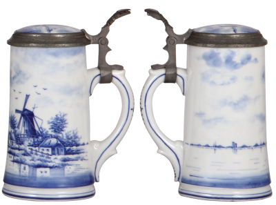 Two porcelain steins, .5L, transfer & hand-painted, pewter lid, lithophane, mint; with, .5L, hand-painted, marked Delft, porcelain inlaid lid, lithophane, mint.  - 3