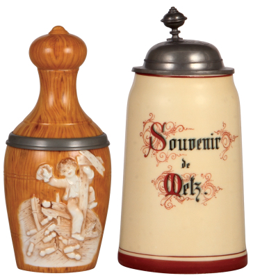 Two steins, Character, porcelain, .5L, by Schierholz, Bowling Pin, mint; with, 1.0L, hand-painted, Souvenir de Metz, pewter lid, lithophane, center hinge ring missing. 