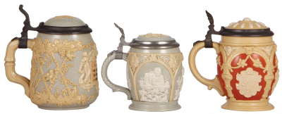 Three Mettlach steins, .5L, 1370, .25L, 1266, .3L, 2077, relief, inlaid lids, all are mint. - 3