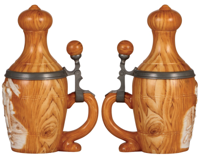 Two steins, Character, porcelain, .5L, by Schierholz, Bowling Pin, mint; with, 1.0L, hand-painted, Souvenir de Metz, pewter lid, lithophane, center hinge ring missing.  - 2