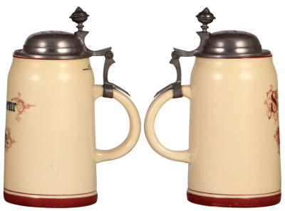 Two steins, Character, porcelain, .5L, by Schierholz, Bowling Pin, mint; with, 1.0L, hand-painted, Souvenir de Metz, pewter lid, lithophane, center hinge ring missing.  - 3