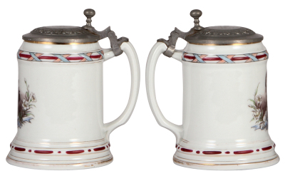 Two porcelain steins, .5L, transfer & hand-painted, Dr. Karl Lueger, pewter lid, a little gold wear; with, .5L, hand-painted, blue onion, inlaid lid, lithophane has lines, otherwise mint.  - 2