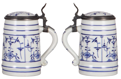 Two porcelain steins, .5L, transfer & hand-painted, Dr. Karl Lueger, pewter lid, a little gold wear; with, .5L, hand-painted, blue onion, inlaid lid, lithophane has lines, otherwise mint.  - 3