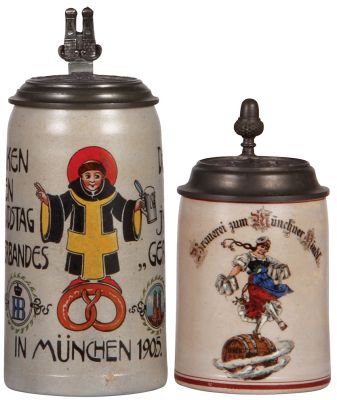 Two stoneware steins, 1.0L, transfer & hand-painted, marked M. & W. Gr., Deutscher Bäcker Innungen Germania, München 1905, relief pewter lid: Bavaria, three very small chips on base; with, .5L, transfer & hand-painted, Brauerei zum Münchner Kindl, matchin