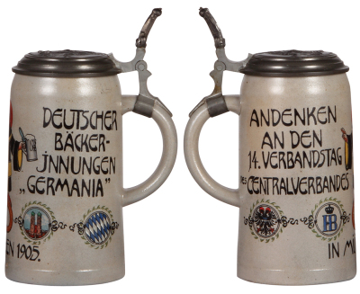 Two stoneware steins, 1.0L, transfer & hand-painted, marked M. & W. Gr., Deutscher Bäcker Innungen Germania, München 1905, relief pewter lid: Bavaria, three very small chips on base; with, .5L, transfer & hand-painted, Brauerei zum Münchner Kindl, matchin - 2