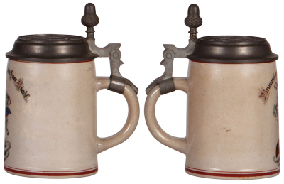 Two stoneware steins, 1.0L, transfer & hand-painted, marked M. & W. Gr., Deutscher Bäcker Innungen Germania, München 1905, relief pewter lid: Bavaria, three very small chips on base; with, .5L, transfer & hand-painted, Brauerei zum Münchner Kindl, matchin - 4