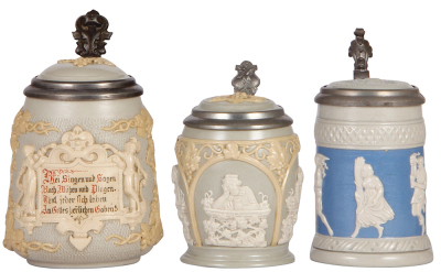 Three Mettlach steins, .5L, 1370, .25L, 1266, .25L, 171, relief, inlaid lids, first two are mint, third has a flake on handle.