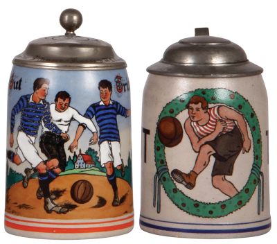 Two stoneware stein, .5L, transfer & hand-painted, Fussball, metal lid, repaired strap & shank, body mint; with, .5L, transfer, Fussball, pewter lid, mint.