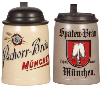 Two steins, .5L, pottery, transfer & hand-painted, Pschorr-Bräu, München, matching impressed pewter lid, mint; with, .4L, stoneware, transfer & hand-painted, Spaten-Bräu, München, matching relief pewter lid, faint hairlines in rear.