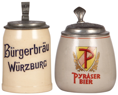 Two steins, .5L, pottery, impressed, Bürgerbräu, Würzburg, matching impressed pewter lid, mint; with, 5L, stoneware, transfer, mid 1900s, Pyraser Bier, matching relief pewter lid, mint.