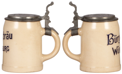 Two steins, .5L, pottery, impressed, Bürgerbräu, Würzburg, matching impressed pewter lid, mint; with, 5L, stoneware, transfer, mid 1900s, Pyraser Bier, matching relief pewter lid, mint. - 2