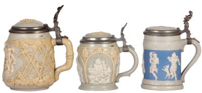 Three Mettlach steins, .5L, 1370, .25L, 1266, .25L, 171, relief, inlaid lids, first two are mint, third has a flake on handle. - 2