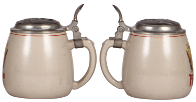 Two steins, .5L, pottery, impressed, Bürgerbräu, Würzburg, matching impressed pewter lid, mint; with, 5L, stoneware, transfer, mid 1900s, Pyraser Bier, matching relief pewter lid, mint. - 4