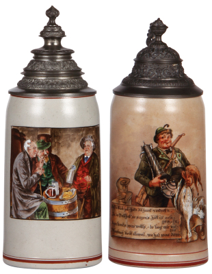 Two stoneware steins, 1.0L, transfer & hand-painted, men drinking, pewter lid, slight pewter tear, body mint; with, 1.0L, transfer & hand-painted, hunter, pewter lid, missing center hinge ring, some glaze browning.