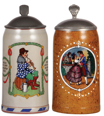 Two stoneware steins, 1.0L, transfer & hand-painted, flute player, pewter lid, mint; with, 1.0L, couple dancing, pewter lid, mint. 