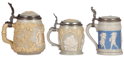 Three Mettlach steins, .5L, 1370, .25L, 1266, .25L, 171, relief, inlaid lids, first two are mint, third has a flake on handle. - 3