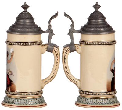Two pottery steins, .5L, transfer & hand-painted, 1145, marked R. Hanke, pewter lid, mint; with, 1000, marked R. Hanke, pewter lid, mint. - 3
