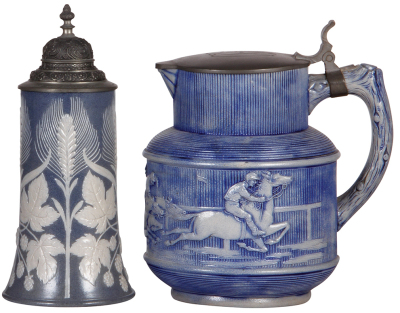 Two stoneware steins, .5L, relief, marked Gerz, 1088, wheat & hops, pewter lid, mint; with, 2.0L, relief, marked Gerz, 1035A, horse racing, pewter lid, mint. 
