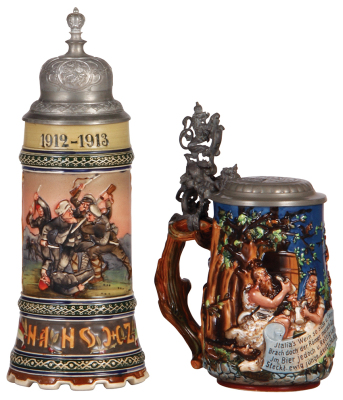 Two pottery steins, .5L, relief, 1024, by Dümler & Breiden, Balkan War 1912 - 1913, pewter lid, very good base break repair; with, .5L, relief, #1268, by Reinhold Hanke, custom pewter lid: Lippert, mint. 