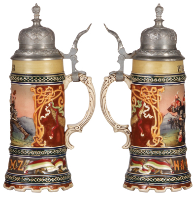 Two pottery steins, .5L, relief, 1024, by Dümler & Breiden, Balkan War 1912 - 1913, pewter lid, very good base break repair; with, .5L, relief, #1268, by Reinhold Hanke, custom pewter lid: Lippert, mint.  - 2