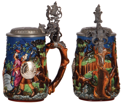 Two pottery steins, .5L, relief, 1024, by Dümler & Breiden, Balkan War 1912 - 1913, pewter lid, very good base break repair; with, .5L, relief, #1268, by Reinhold Hanke, custom pewter lid: Lippert, mint.  - 3