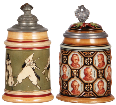 Two Pottery steins, .5L, etched, marked Reinhold Hanke, #1263, clowns, pewter lid, rare, mint; with, .5L, relief, 1278, by Reinhold Hanke, composers, inlaid lid, small glued chips on inlay edge. 