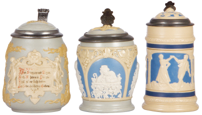 Three Mettlach steins, .5L, 1370, .5L, 1266, .3L, 2248, relief, inlaid lids, all are mint.