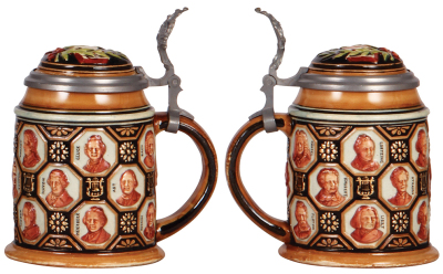 Two Pottery steins, .5L, etched, marked Reinhold Hanke, #1263, clowns, pewter lid, rare, mint; with, .5L, relief, 1278, by Reinhold Hanke, composers, inlaid lid, small glued chips on inlay edge.  - 3