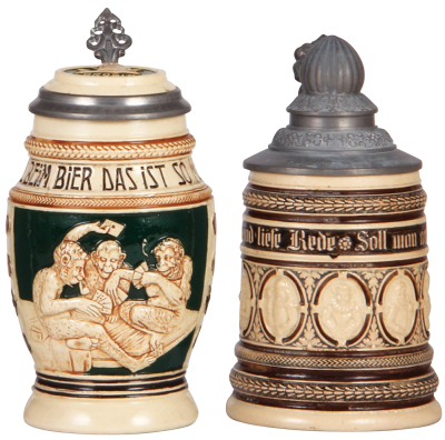 Two pottery steins, .5L, relief & etched, monkeys, inlaid lid, mint; with, .5L, relief, 837, by Marzi & Remy, pewter lid, mint.