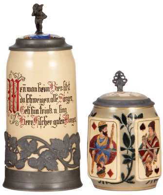 Two pottery steins, 1.0L, etched, marked R. Merkelbach, 899, elaborate pewter base, porcelain inlaid lid: two scenes, mint; with, .5L, etched 1594, by Reinhold Hanke, inlaid lid, excellent body repair. 