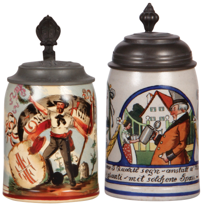 Two steins, pottery, .5L, transfer & hand-painted, marked M. & W. Gr., 4F Turner, relief pewter lid, mint; with, .5L, stoneware, transfer & hand-painted, marked M. & W. Gr., by F. Ringer, pewter lid, mint. 