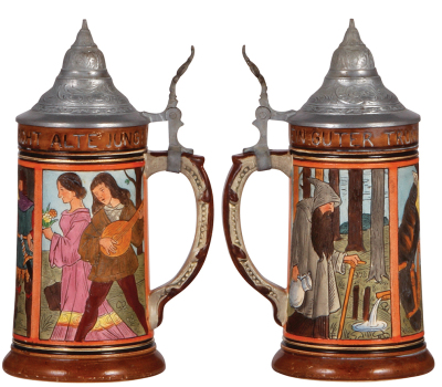 Two pottery steins, .5L, etched, pewter lid, mint; with, .5L, etched, marked M. & W. Gr., 1175A, pewter lid, mint. - 2