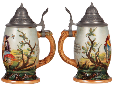 Two pottery steins, .5L, etched, pewter lid, mint; with, .5L, etched, marked M. & W. Gr., 1175A, pewter lid, mint. - 3