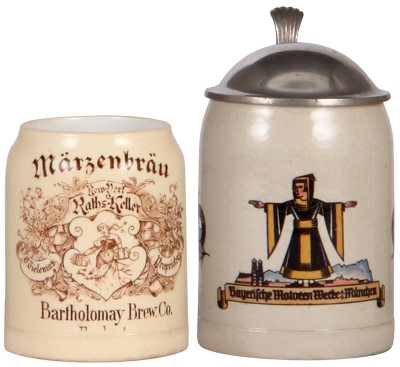 Two steins, .3L, pottery, transfer, Märzenbräu, Bartholomay Brew. Co., Rathskeller, no lid, mint; with, 5L, stoneware, transfer, Bayerische Motoren Werke A.G., München, mid 1900s, pewter lid, mint.