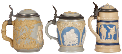 Three Mettlach steins, .5L, 1370, .5L, 1266, .3L, 2248, relief, inlaid lids, all are mint. - 3