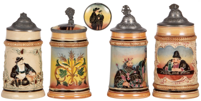 Four pottery steins, by Diesinger, .25L, threading & relief, faint .5" hairline, pewter lid; with, .25L, threading, inlaid lid, small chips on inlay edge; with, .25L, 3114, threading, pewter lid; with, .25L, 184, threading & relief, pewter lid, all in goo