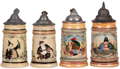 Four pottery steins, by Diesinger, .25L, threading & relief, pewter lid; with, .25L, threading & relief, pewter lid; with, .25L, 184, threading & relief, pewter lid; with, .25L, 184, threading & relief, pewter lid, 1.5" base fracture, others in good condi