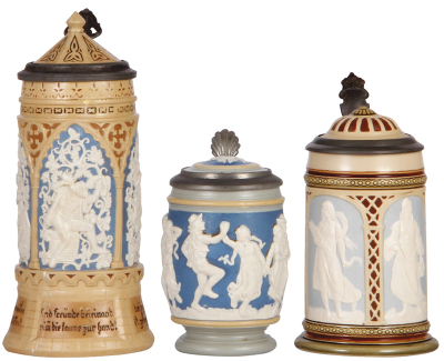 Three Mettlach steins, .5L, 228, relief, inlaid lid, line on bottom repaired, some paint flaking; with, .25L, 2086, relief, inlaid lid, small chip on inlay; with .3L, 2359, relief, inlaid lid, mint.