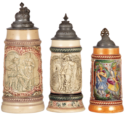 Three pottery steins, by Diesinger, 1.0L, 199, relief, pewter lid has silver paint residue; with, .5L, 21, relief, pewter lid, short hairline on base; with, .5L, 941, relief, pewter lid, all in good condition.