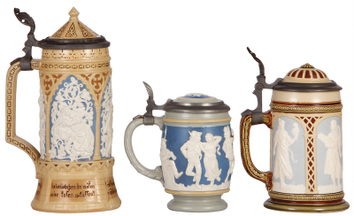 Three Mettlach steins, .5L, 228, relief, inlaid lid, line on bottom repaired, some paint flaking; with, .25L, 2086, relief, inlaid lid, small chip on inlay; with .3L, 2359, relief, inlaid lid, mint. - 3