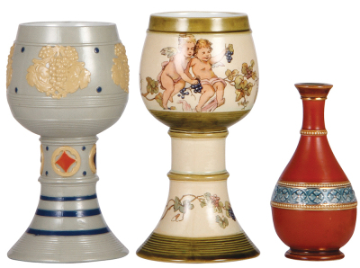 Three Mettlach items, goblet, .25L, 2953, decorated relief, mint; with, .25L, 2954, PUG, cherubs, mint; with, vase, 5.1'' ht., 2866, mosaic, mint.