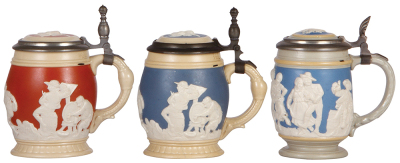 Three Mettlach steins, .3L, 2211, relief, inlaid lid, .3L, 2211, relief, inlaid lid, both mint; with, .25L, 2086, relief, inlaid lid, owner I.D. on base, otherwise mint. - 2