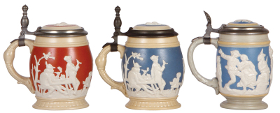 Three Mettlach steins, .3L, 2211, relief, inlaid lid, .3L, 2211, relief, inlaid lid, both mint; with, .25L, 2086, relief, inlaid lid, owner I.D. on base, otherwise mint. - 3