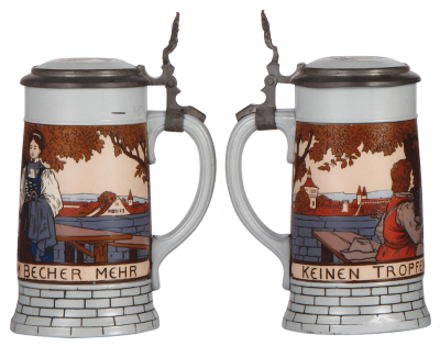 Three Mettlach steins, .5L, 2833D, etched, inlaid lid, base chips, bent rim; with, .5L, 1403, etched, pewter lid, poorly repaired handle 1'' line in rear; with, .5L, 2007, etched, inlaid lid, poorly repaired hairlines. - 2