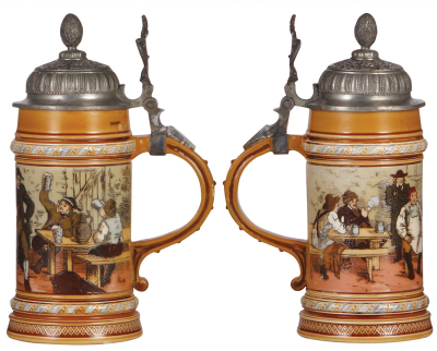 Three Mettlach steins, .5L, 2833D, etched, inlaid lid, base chips, bent rim; with, .5L, 1403, etched, pewter lid, poorly repaired handle 1'' line in rear; with, .5L, 2007, etched, inlaid lid, poorly repaired hairlines. - 3