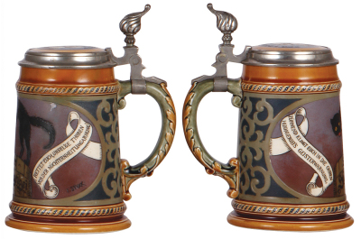 Three Mettlach steins, .5L, 2833D, etched, inlaid lid, base chips, bent rim; with, .5L, 1403, etched, pewter lid, poorly repaired handle 1'' line in rear; with, .5L, 2007, etched, inlaid lid, poorly repaired hairlines. - 4